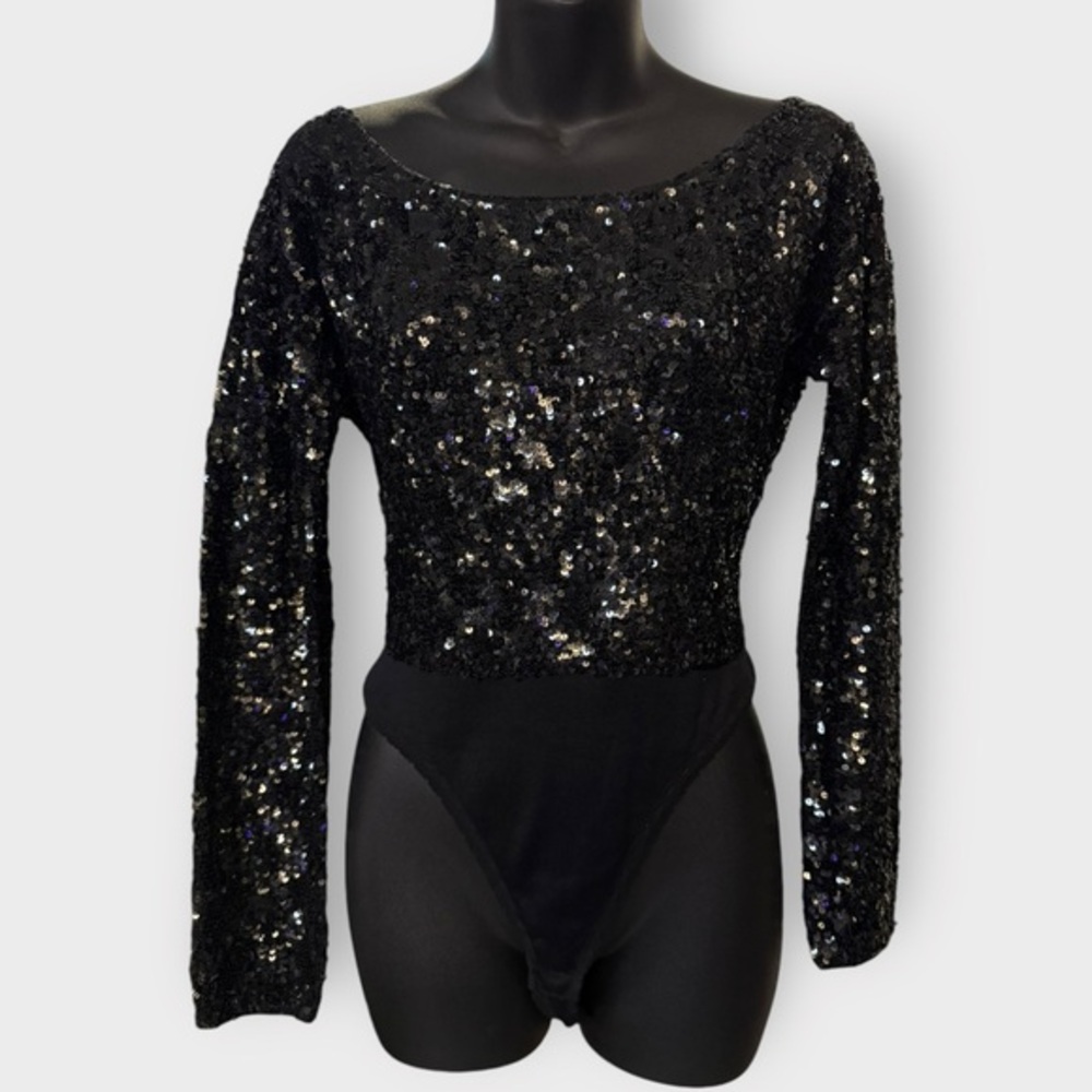 Vintage 1980s Donna Karan Silk, Sequin, Long Sleeve Bodysuit